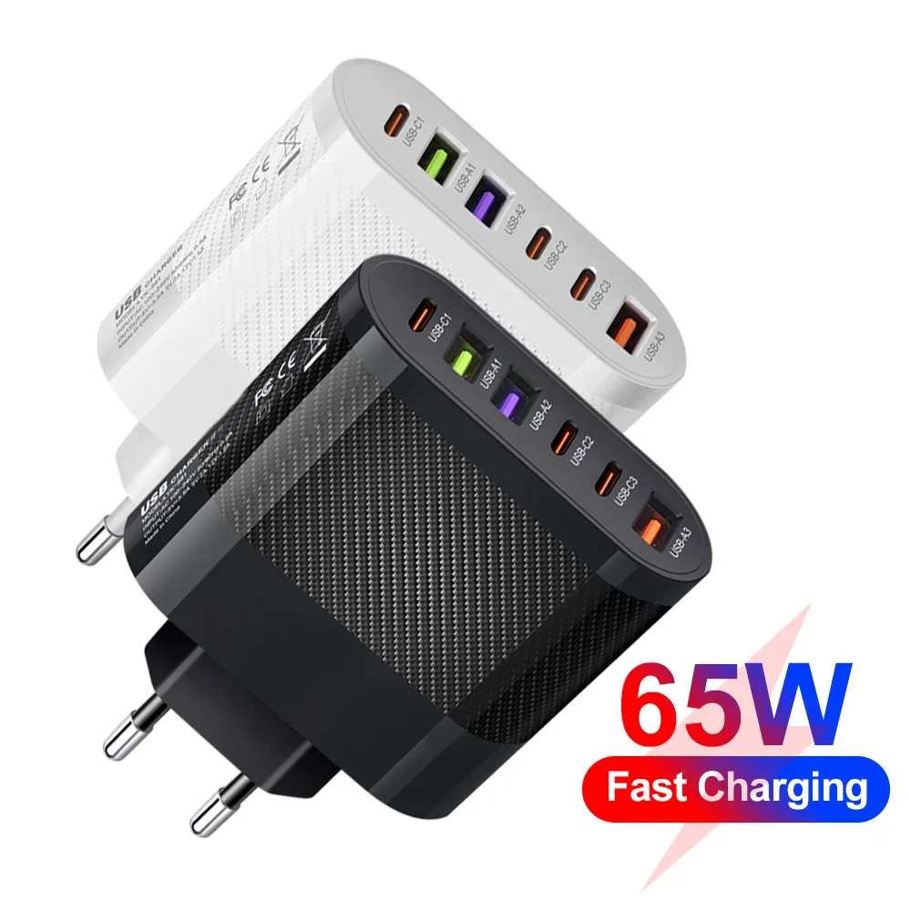 65W 6 Ports USB C Charger Multi Ports Fast Charging Phone Charger Power Adapter For iPhone Samsung Xiaomi PD Type C Wall Charger