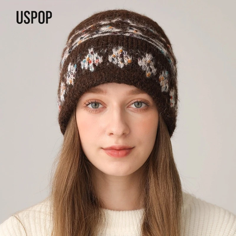 

USPOP женская вязаная шапка из смеси шерсти Fair Isle, зимняя теплая шапка с закрученными краями, закрывающая уши, жаккардовая шапка в стиле ретро