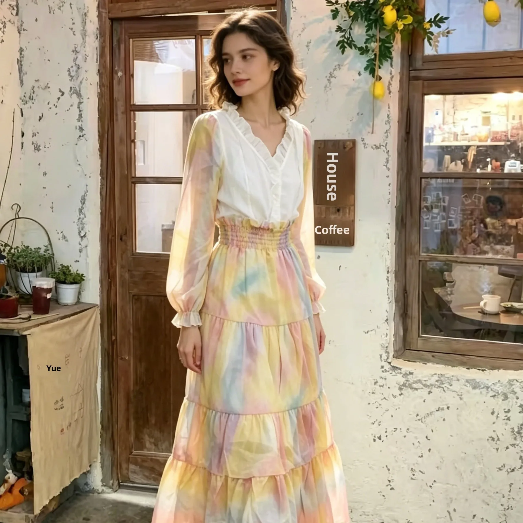 Rainbow Gradient Long Sleeve V-Neck Women's Dress Elastic Waist Layered Cake Skirt High Waist A-Line Silhouette Daily Wear