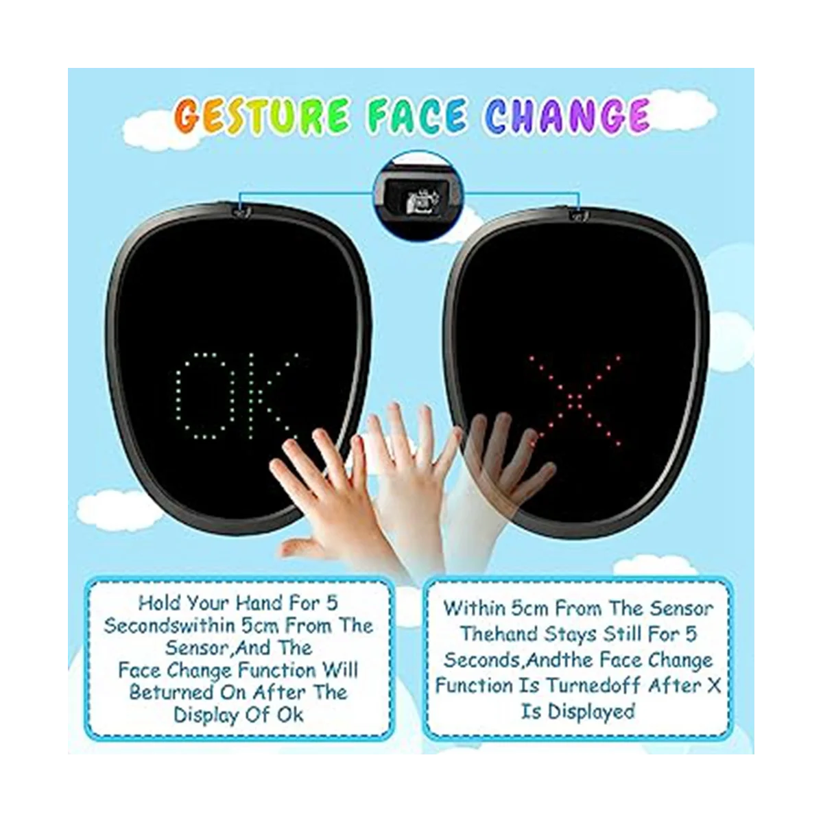 Máscara LED con detección de gestos para niños, máscara facial con luz transformadora para Halloween, fiesta de cumpleaños y fiesta de Mascarada