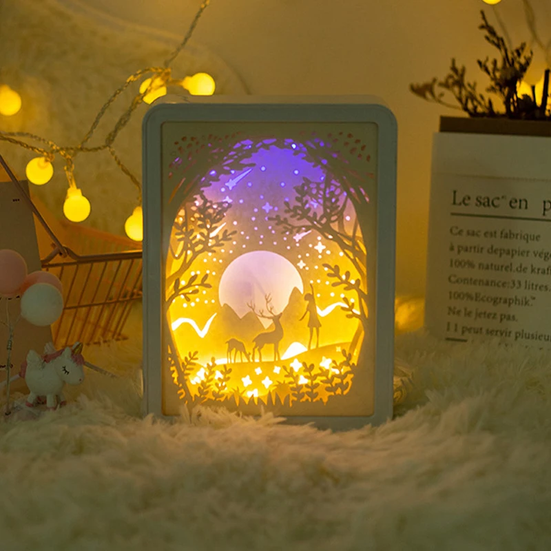 Adornos de luz de tallado de papel 3D creativos, lámpara de mesa LED, luces de noche para dormitorio de niñas, lámpara de decoración artística de navidad, regalos de cumpleaños