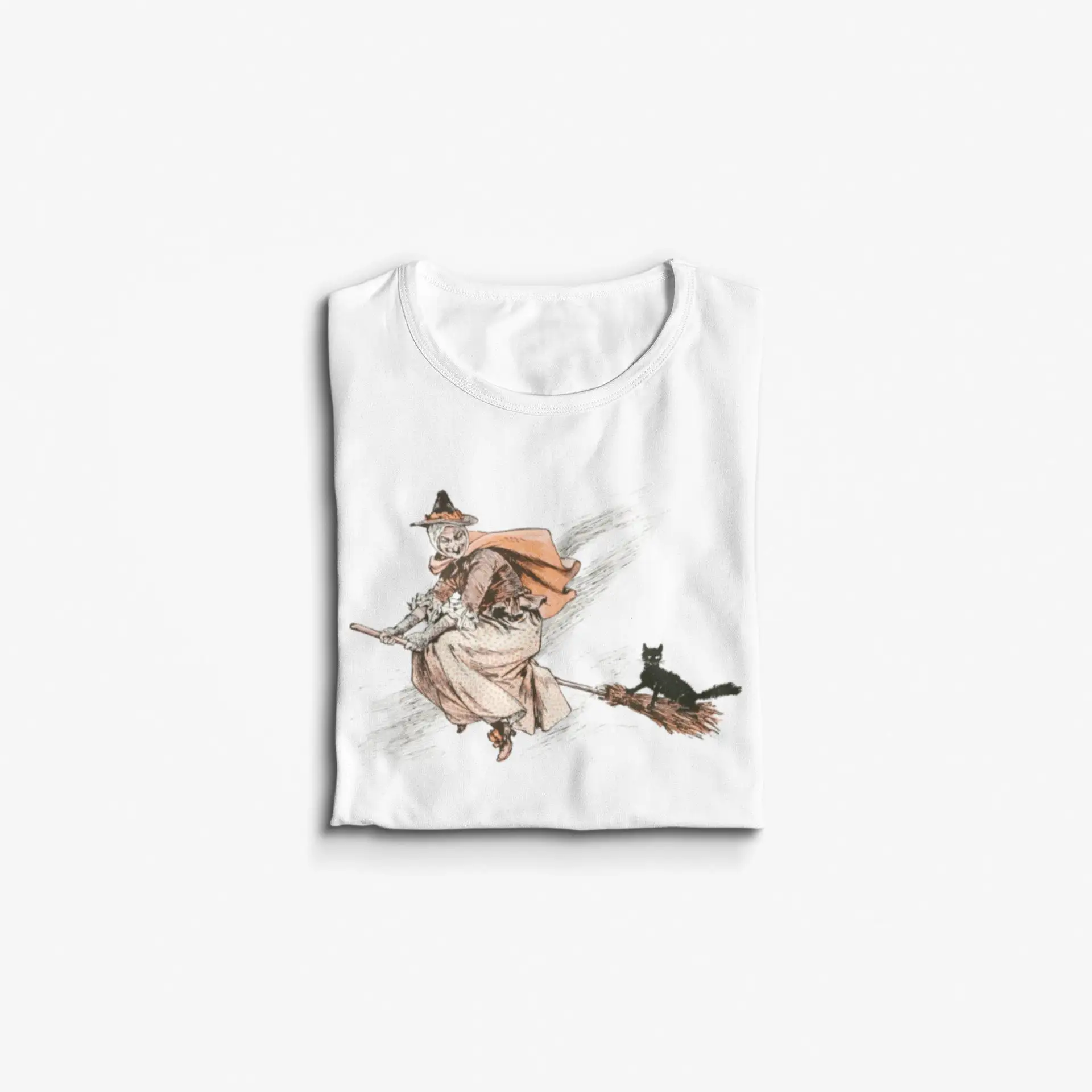 Flying Witch With Broomstick And Cat Retro T Shirt 100 Cotton Vintage Spell Esoteric Occult Mystic