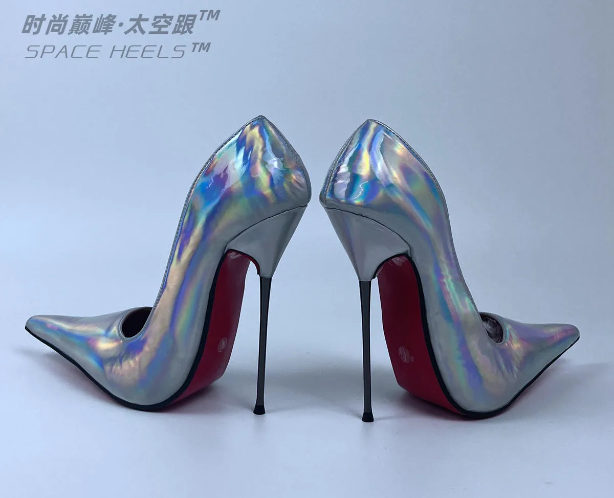 Seek Mate space heel 14cm European and American customized long pointed laser high heel shoes sexy men and women black patent le