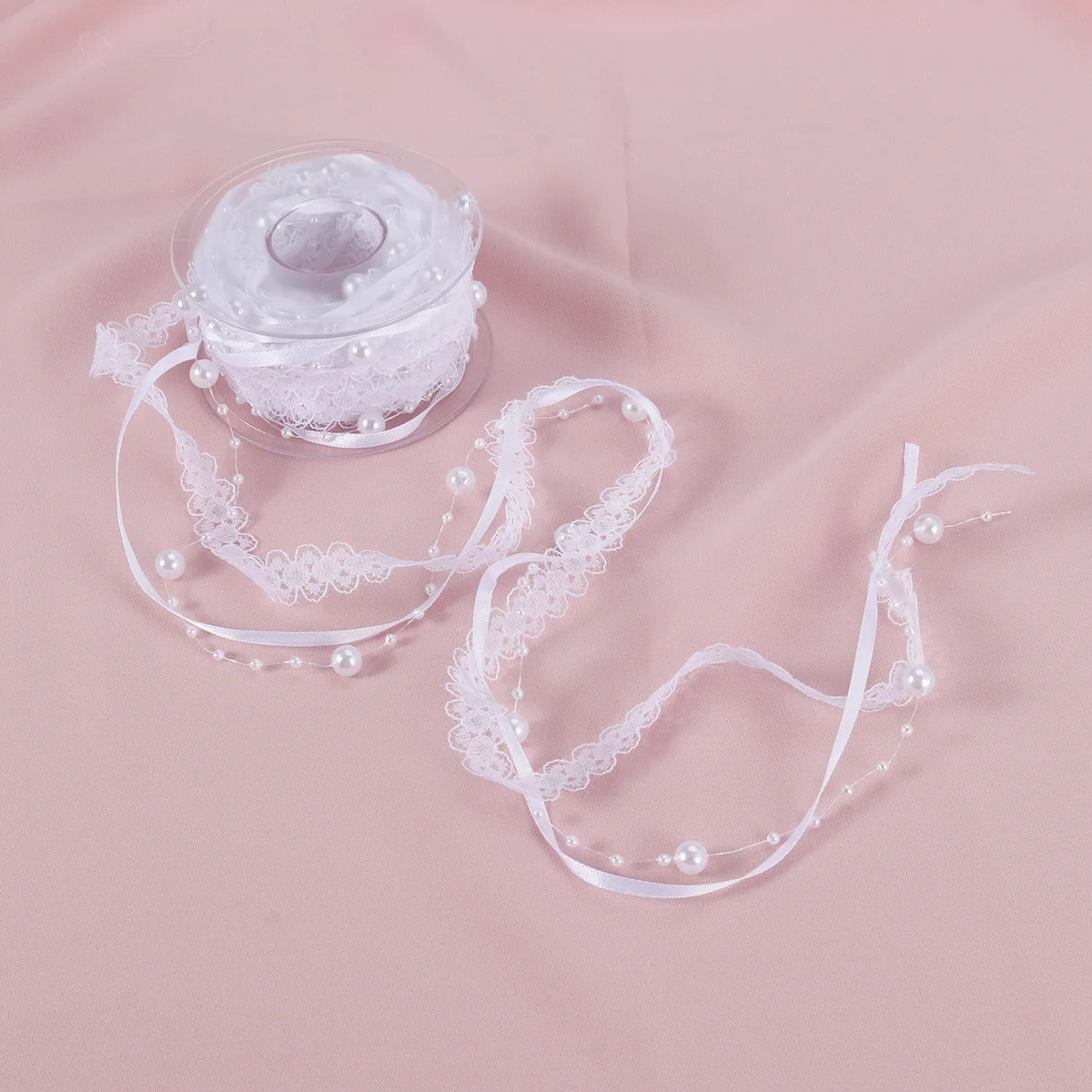 

Strings Beaded Pearl String Satin Organza Ribbon White Wedding Winter Christmas Snowflake Crafts Decoration Ribbon