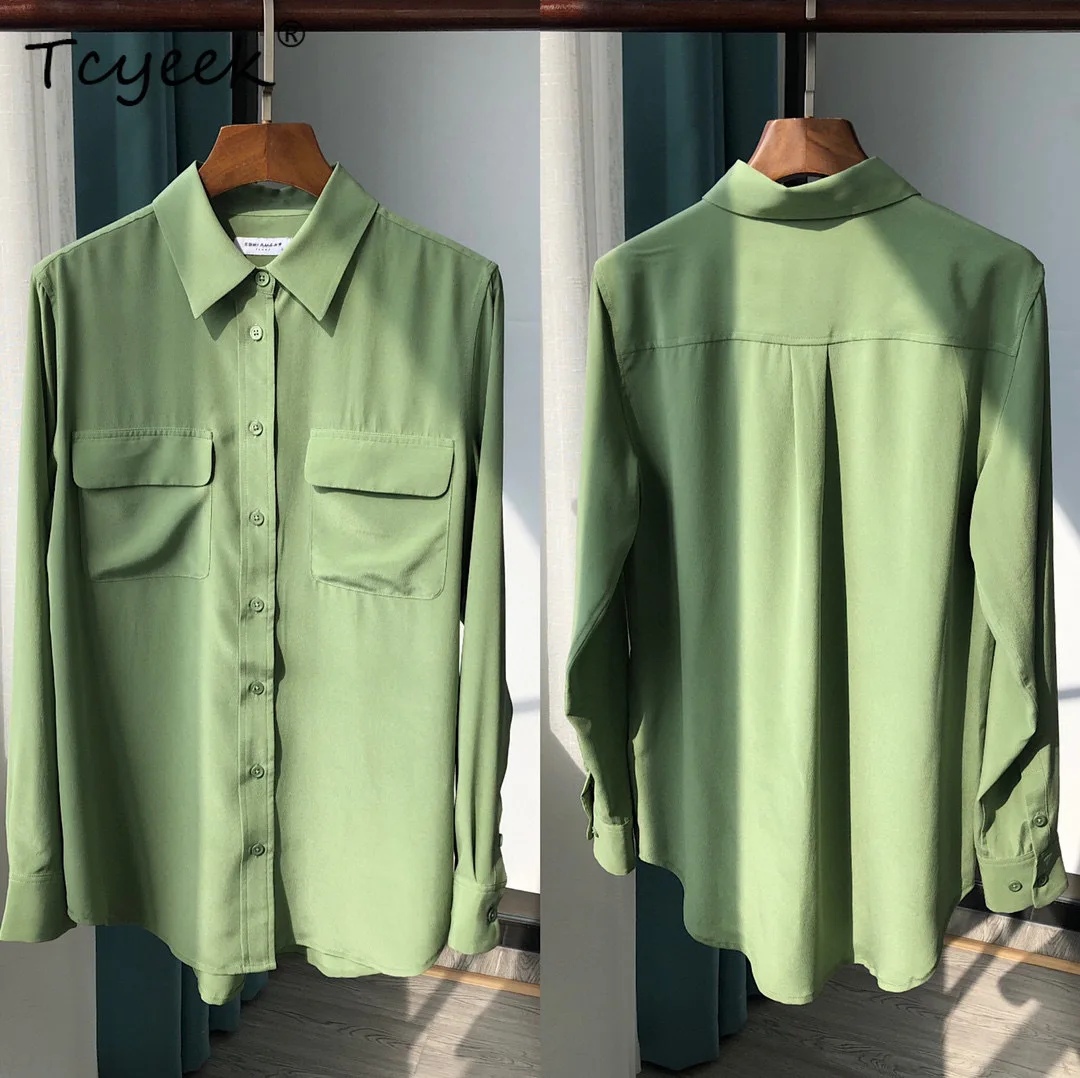Tcyeek 18Mm 100% Echte Sandwash Seide Shirts Frauen Crepe Langarm Doppel Taschen Bluse Frau Neue Büro Tragen Tops t36701QM