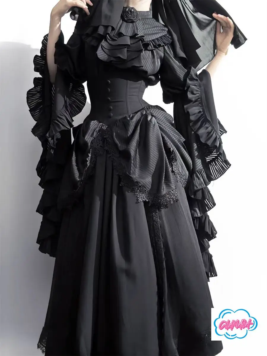 

Japanese Black White Gothic Lol Fishbone Skirt Ji Sleeves Lolita Long Sleeves Dress Dark Super Cool Irregular Solid Color Suit
