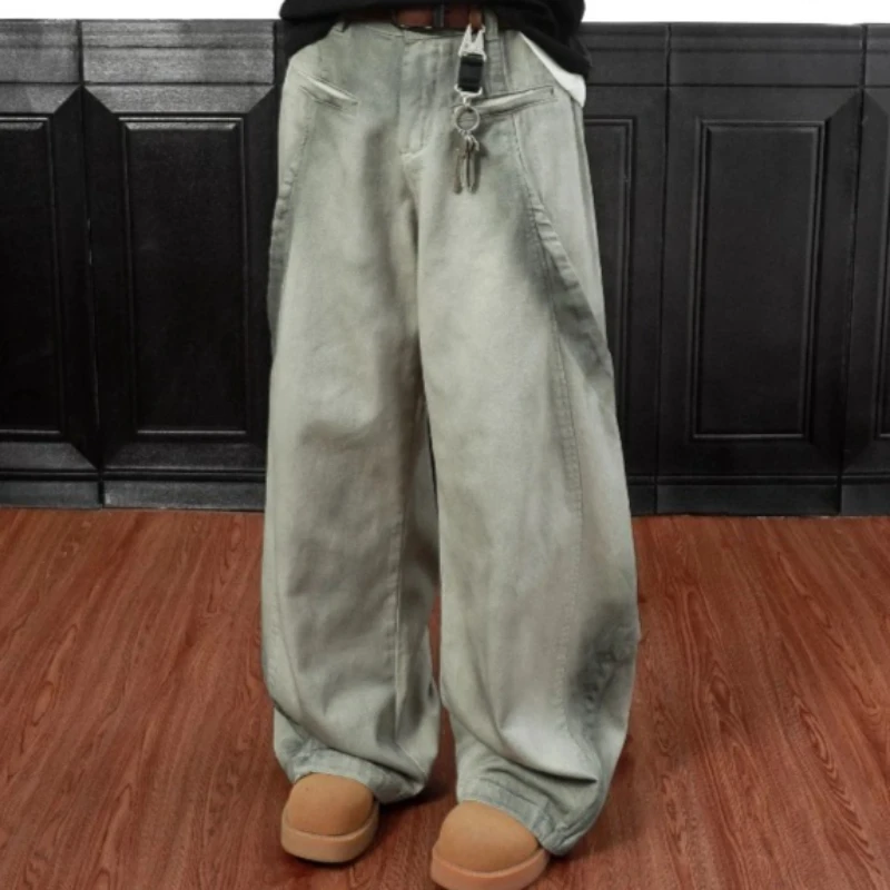 جينز رجالي هاراجوكو أمريكي مفكك قذر مغسول مستقيم الدينيم السراويل خمر ملابس العمل عادية فضفاضة تناسب الشارع الشهير جديد