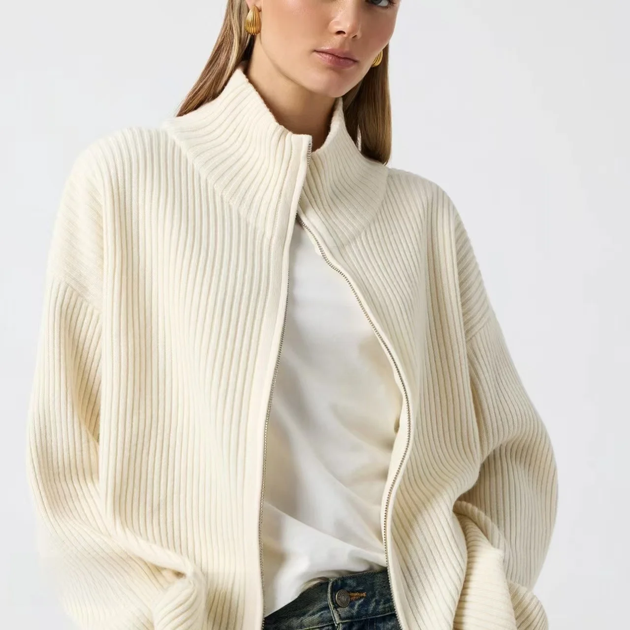 

Модный вязаный свободный свитер на молнии, открытый кардиган, верхняя одежда, универсальный длинный свек, стандартный крой, цвет для поездок на работу