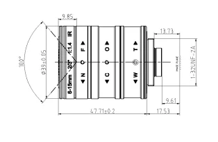 Зум-объектив с большой диафрагмой F1.4 |   6-15 мм 2/3 дюйма 3 МП |   C-Mount с ИК-подсветкой для ночного видения и контроля процессов