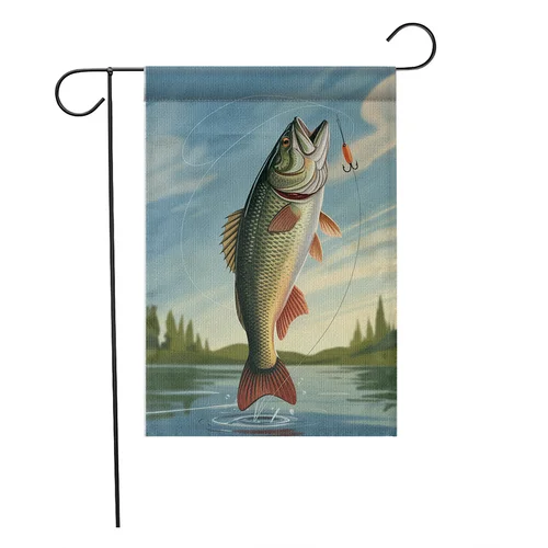 Realistic Bass Fishing Garden Flag Jumping Fish Lake Scene Yard Decor Banner OOV IIC