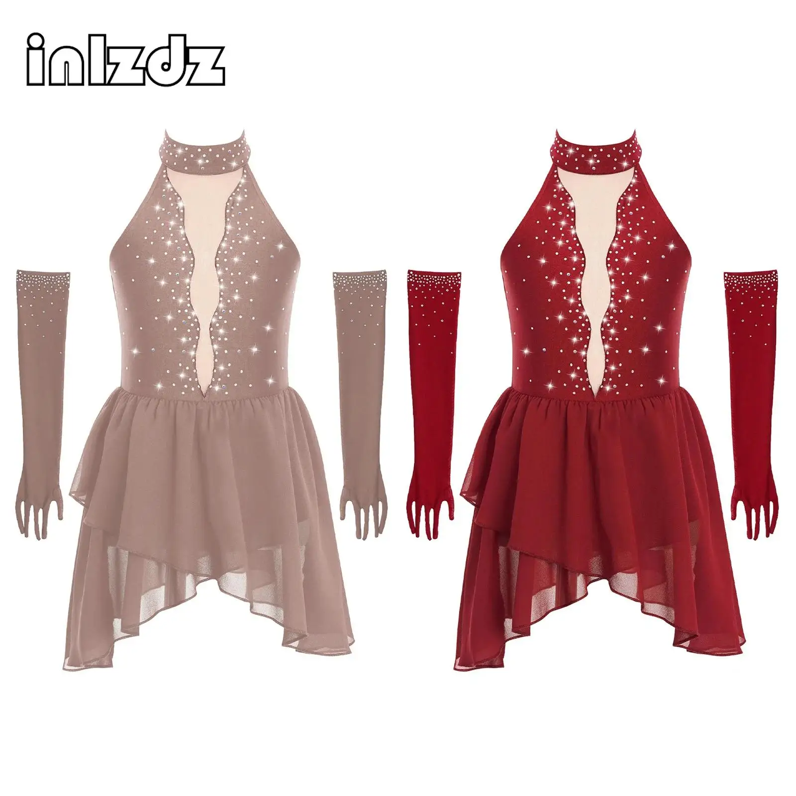 

Kids Sleeveless Lyrical Dance Outfit Girls Rhinestone Mesh Irregular Hem Dress with Gloves Sets for Ballet Modern Dance Skating