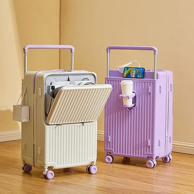 New Wide Tie Rod Luggage Front Opening Laptop Bag Multifunctional Travel Suitcases 20 inch Cabin Bag Large Size Trolley Case