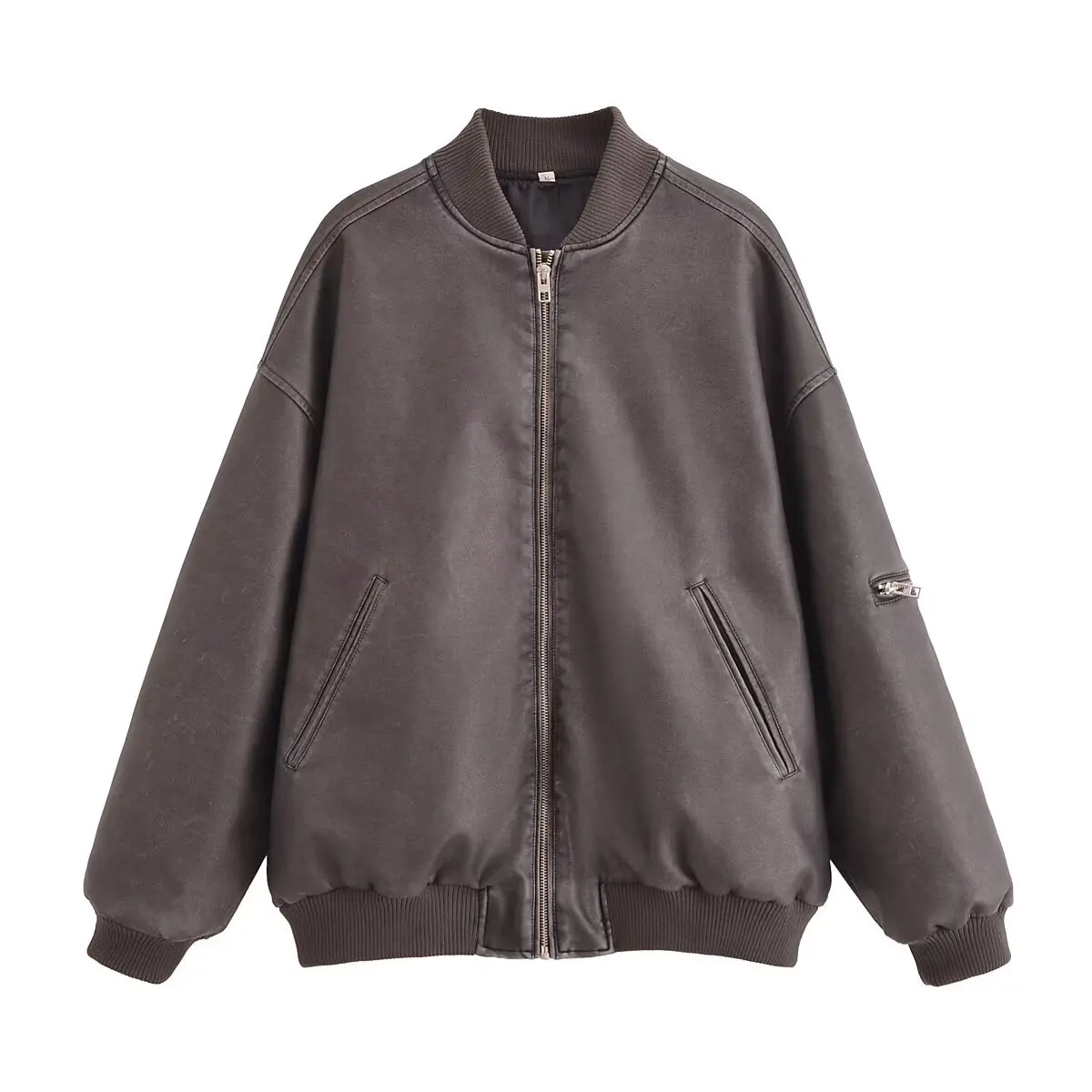 TRAFZA-Blouson Bombardier en Cuir à Manches sulfpour Femme, Couleur Unie, Poche Avant à Fermeture Éclair, Décorer, Streetwear, Automne