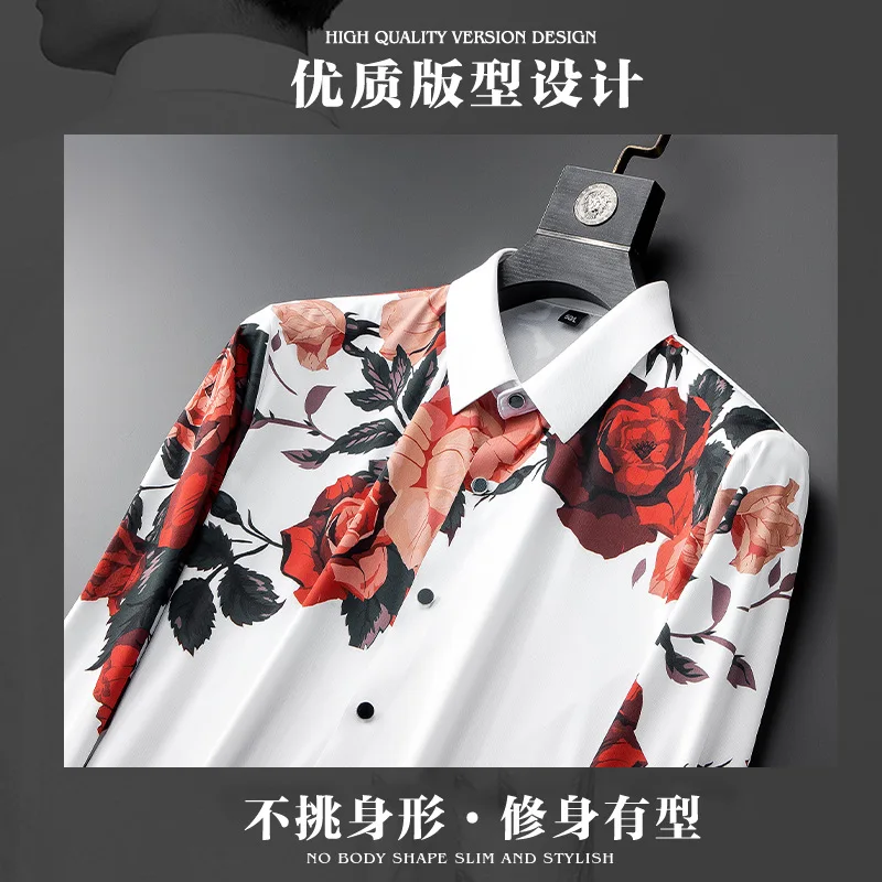 2024 Spring Flower Shirts Men Long Sleeve Casual Shirts Seamless Elastic Business Formal Dress Shirts Social Party Tuxedo Blouse