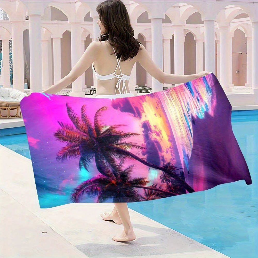 Beach towel palm tree sunset pattern sun protection windproof suitable for beach pool camping travel beach blanket