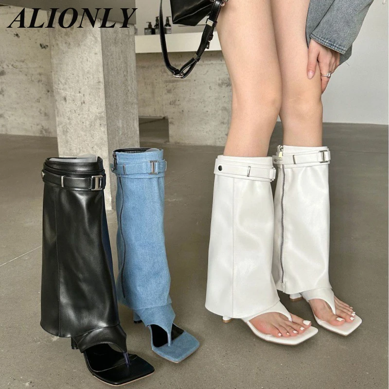 Alionly Women Autumn Winter Knee High Boos Fashion Slip On Square High Heel Long Boots Ladies Pointed Toe Pleated Women Boots