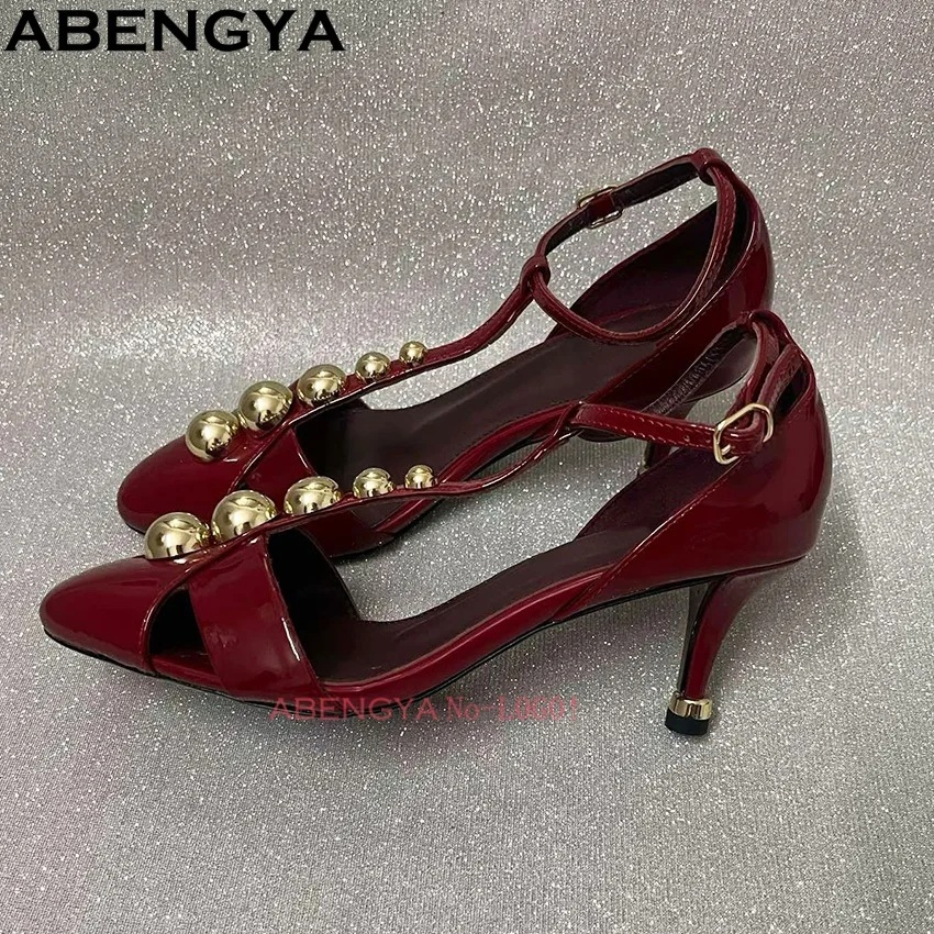 

Patent Leather High Heel Sandals Women Summer Rivet Studded Women's Pumps Ankle Strap Dress Shoes For Women Sandalias Mujer
