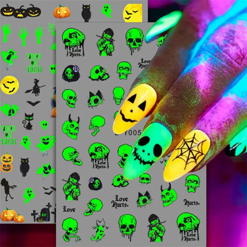 Nail Art Sticker Halloween 3D Glow Spider Web Art Stickers Fluorescentie Glow Nails Art Sliders Folie Tattoo Halloween Nail