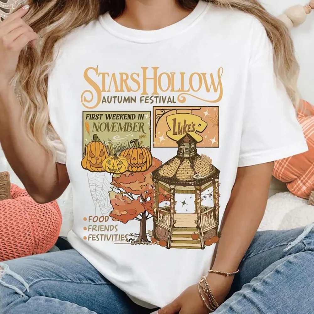 Vintage Stars Hollow T-shirt Gilmore Girls Shirt Luke's Diner Coffee Tee Halloween Pumpkin Women Autumn Festival Fall Shirts Top