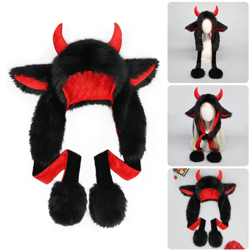 Adult Winter Warm Plush Yak Ear Hat Women Men Funny Animal Roleplay Party Costume Hooded Earflap Hat Outdoor Windproof Headgear