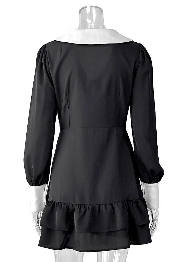 Parc Fee mode ample noir Patchwork femmes robe décontracté revers lanterne manches Mini robes élégant classique à volants femme robe