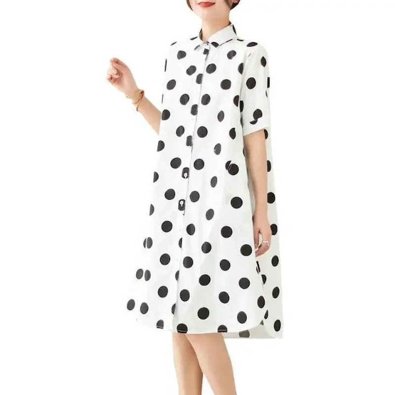 Abito camicia a pois Donna Stile coreano Abiti larghi slim oversize Moda casual Abito a maniche corte di media lunghezza Tendenza estiva