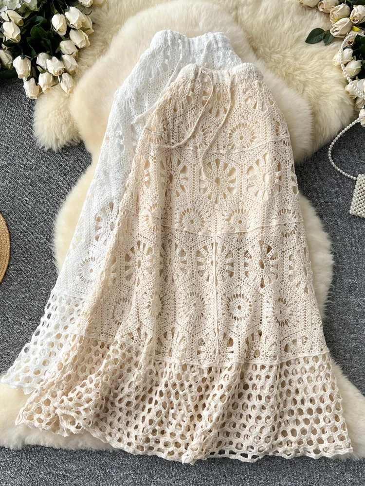 

Korean Fashion Bohemian Vacation Skirt Women Drawstring Knitt Hook Flower Hollow Out Chic Design Beach Large Swing Skirt Female