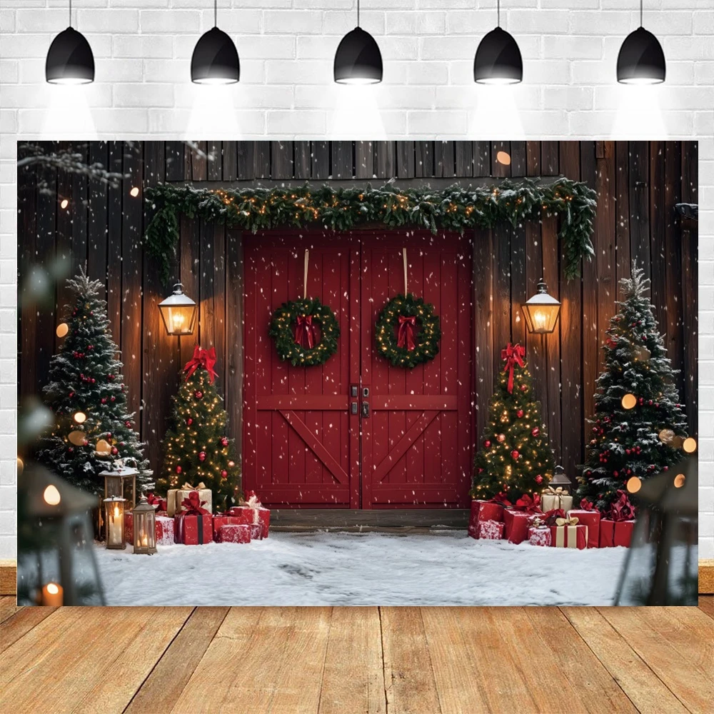 Christmas Red Barn Door Backdrop Farm Warehouse Snow Xmas Tree Light Gifts Kids Portrait Family Party Photography Background