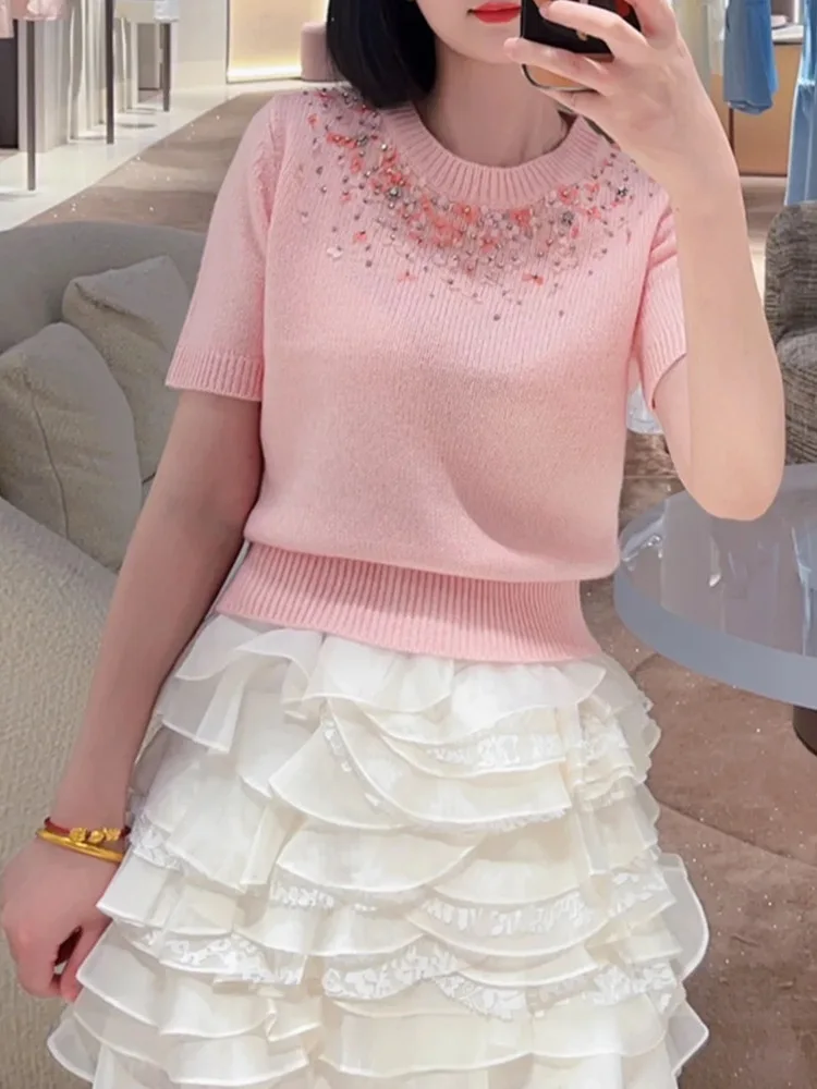 Ele ort Sve Suéter de punto para mujer Slim Fit redondo Ne Glitter Top Versión de gama alta Euro Sle Heavy Du Sweet Sof...