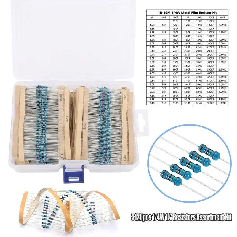 

Комплект металлических пленочных резисторов 3120 шт./коробка, 156 значений, 1/4 Вт, 1 Ом ~ 10 м ом с ассортиментом резисторов 1%