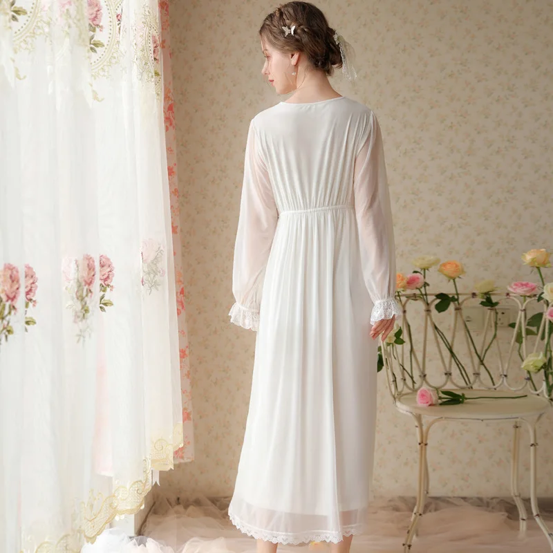 Vintage Autumn Mesh Night Dress Women Fairy V Neck Full Sleeve Nightgown Embroidery Long Nightdress Princess Sleepwear Nightwear