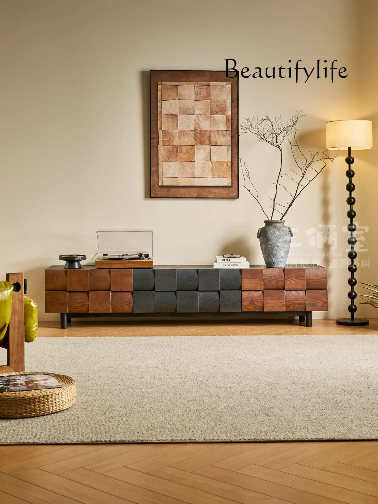 

Medieval style all solid wood TV cabinet American ash wood black living room floor cabinet French retro furniture