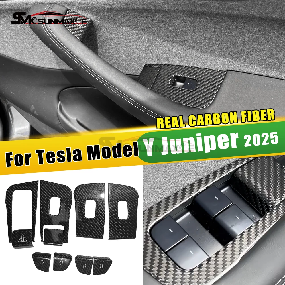 

Real Carbon Fiber Car Window Control Panel Button Decor Sticker Door Switch Trim Frame Cover for 2025 Tesla Model Y Juniper