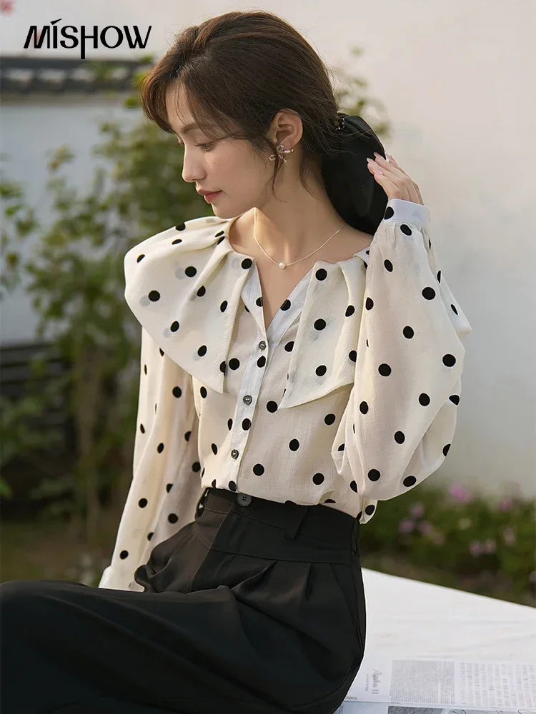 MISHOW Retro Polka Dot Blouses for Women Spring 2023 French Peter Pan Collar Shirt Sleeve Single Breasted Female Tops MXC14C0018