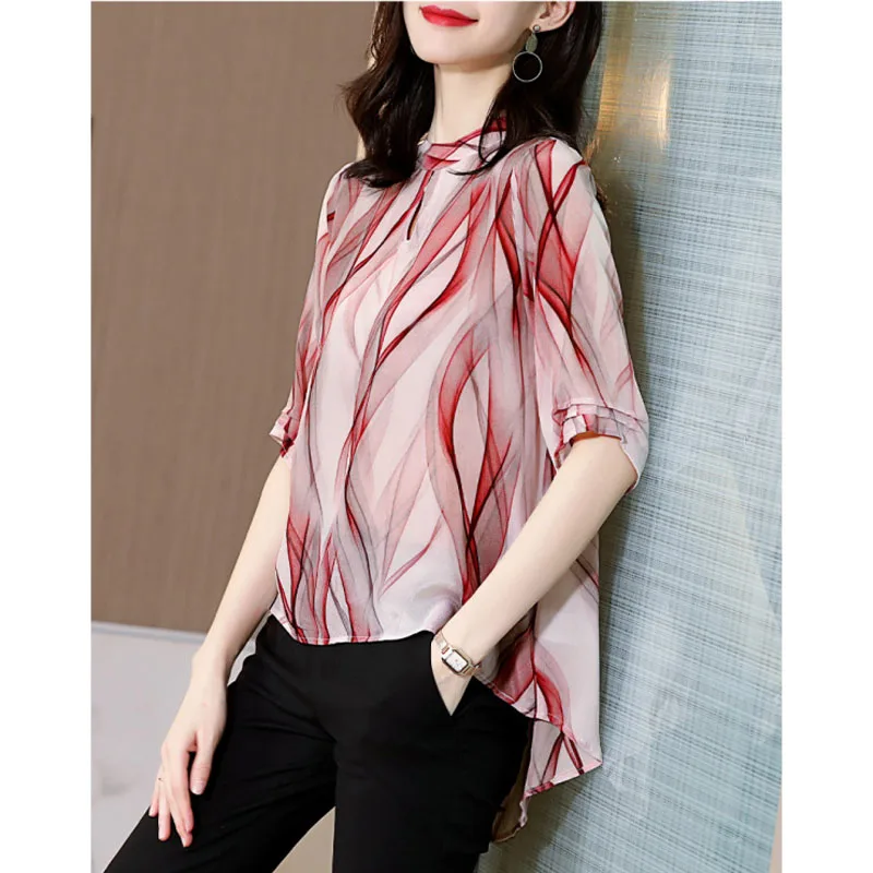 

Summer New Women's Flowing Print Style Standing Collar Casual Elegant Versatile Commuter Loose Half Sleeve Silk Shirts Tops