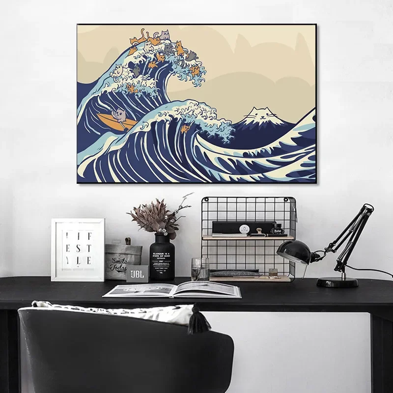 قماش اللوحة كبيرة متموجة كانا ناجاوا المشارك مجردة الفن جدار الطباعة اليابانية الرجعية التقليدية غرفة ديكور المنزل #4