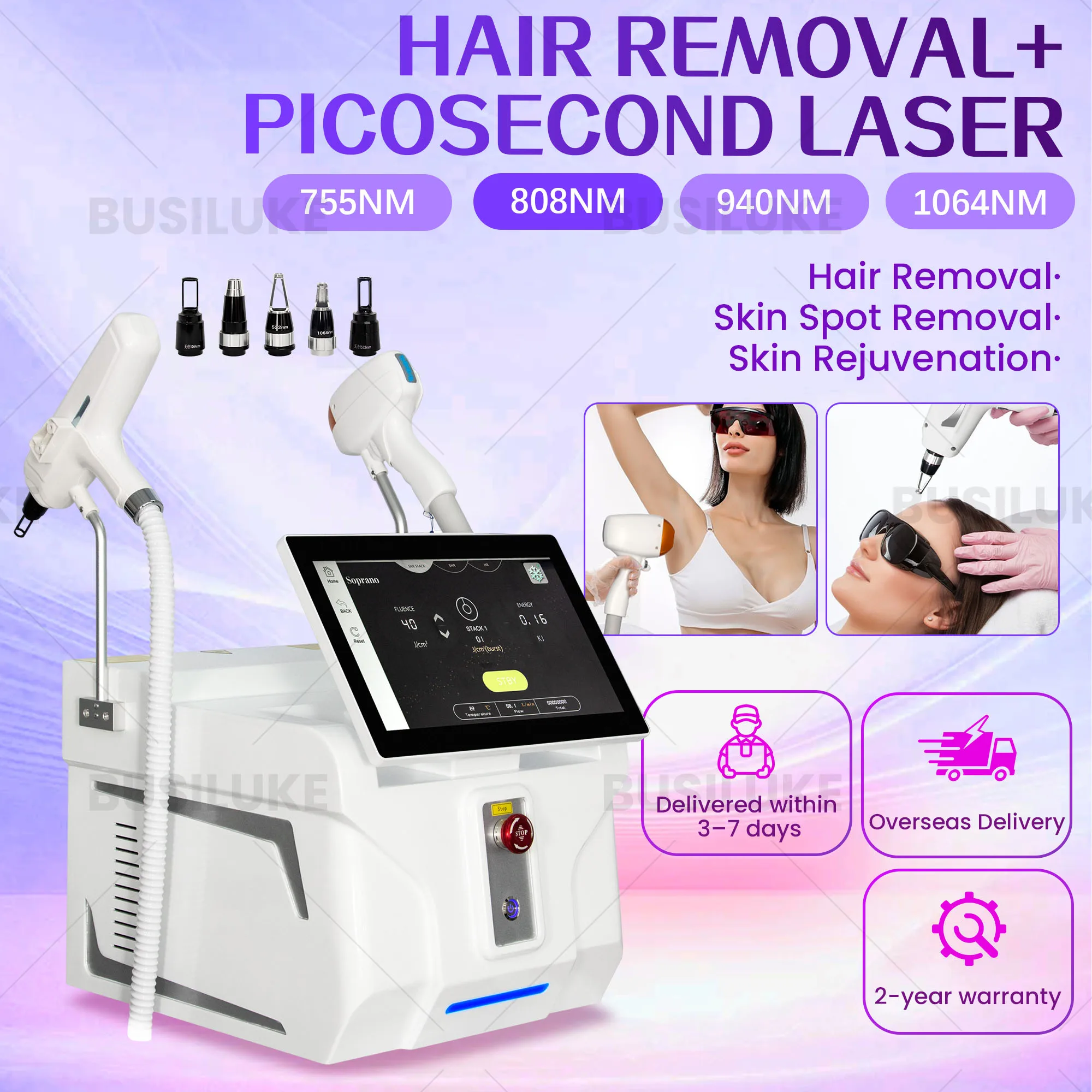 Professional 10Bars 5000W 2 IN 1 Soprano Titanium Diode Lase Hair Removal Picosecond Lase Tattoo Removal 5 Waves Device