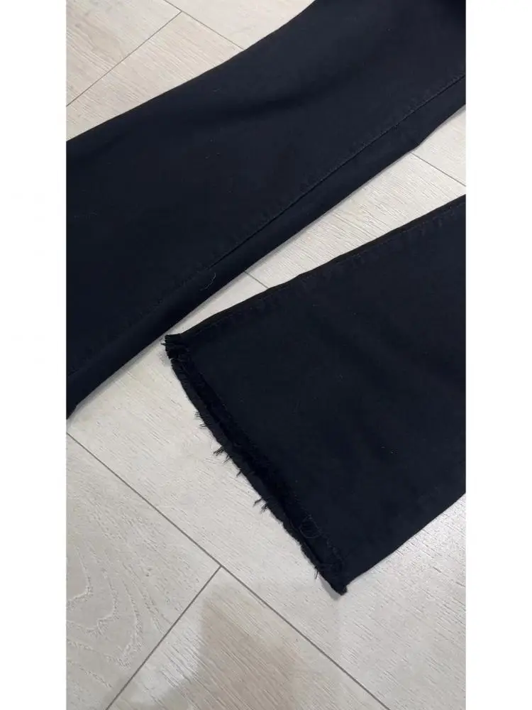 FINEWORDS, pantalones vaqueros negros elásticos de cintura alta para mujer, pantalones vaqueros informales holgados Retro coreanos con parte inferior acampanada, ropa de calle, pantalones vaqueros ajustados