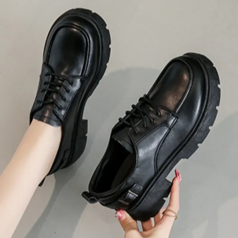 Women Leather Loafers Retro Black Buckle Oxford Shoes Classics Slip On Shoes British Style Lady Thick Sole Shoe Chaussures Femme