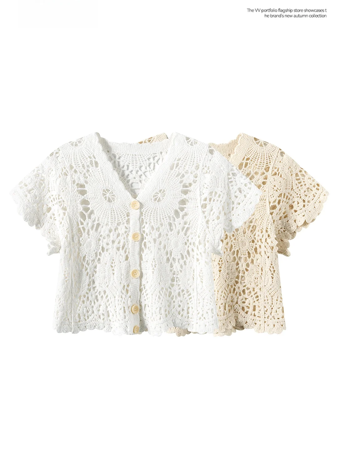 Pure Desire Style Women's Knitted Short Sleeve V-Neck Open Cardigan Summer Spicy Short Top High Waist Hollow out Floral Design