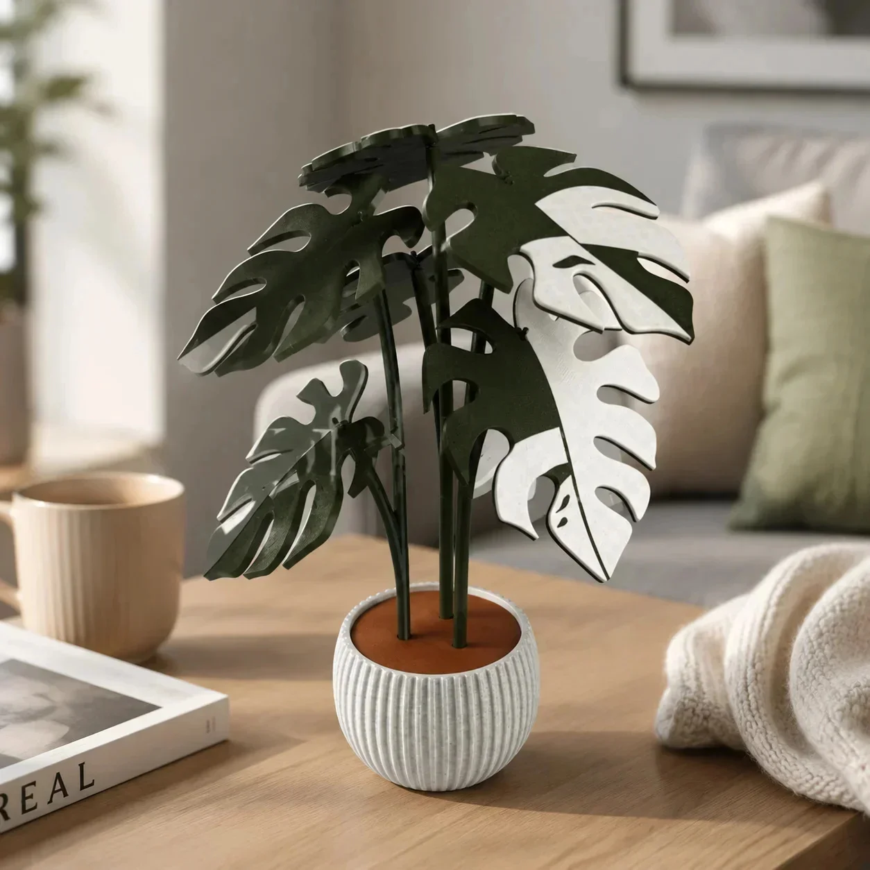 Fake Plant Coaster Split Leaf Printed Indoor Living Room Office Home Decoration Cup Mat White Green Dark Green Gift