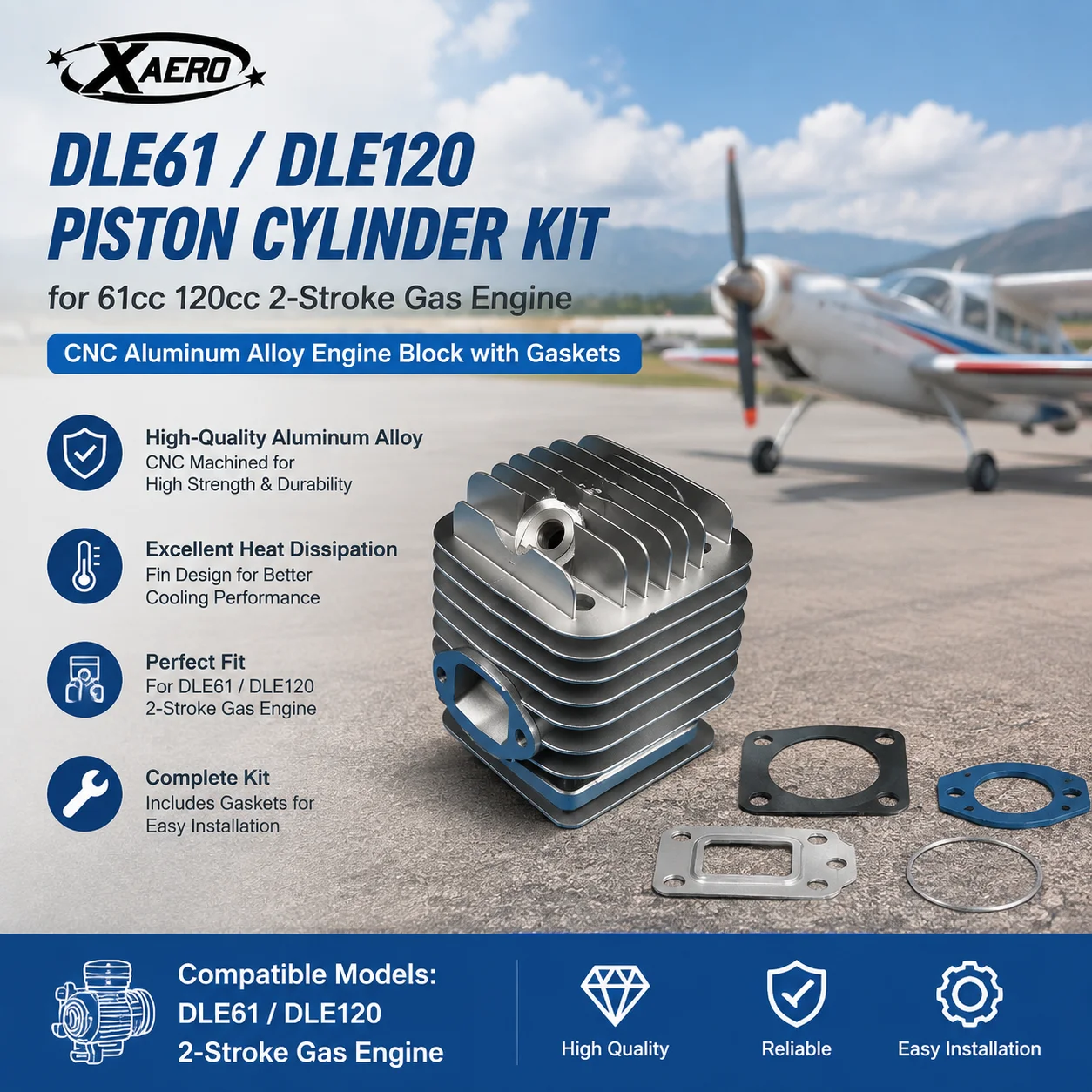DLE61 DLE120 Piston Cylinder Kit for 61cc 120cc 2-Stroke Gas Engine, RC Airplane CNC Aluminum Alloy Engine Block with Gaskets