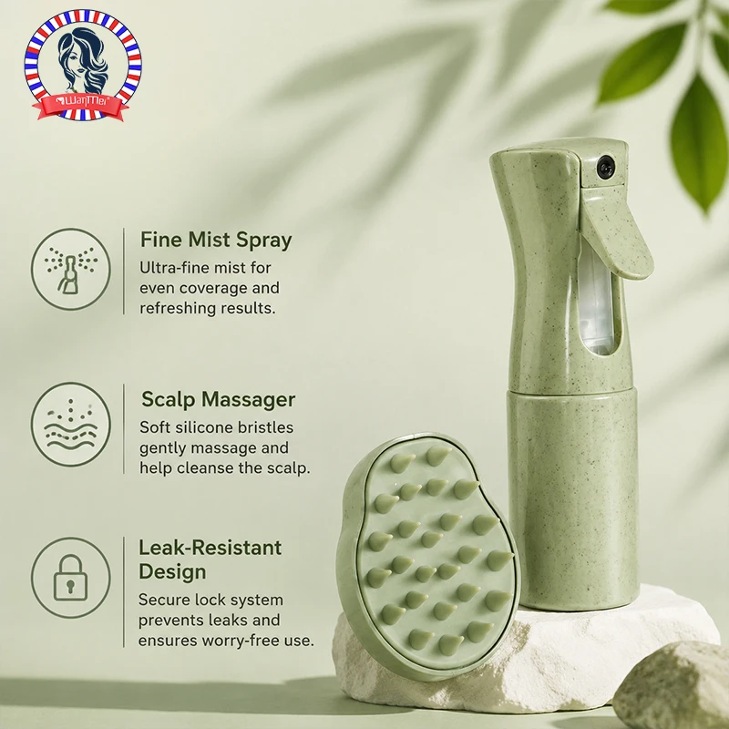 

2PCS Wheat Straw Hair Care Set Fine Mist Spray Bottle Silicone Scalp Massager Brush Leak Resistant for Home Salon Travel