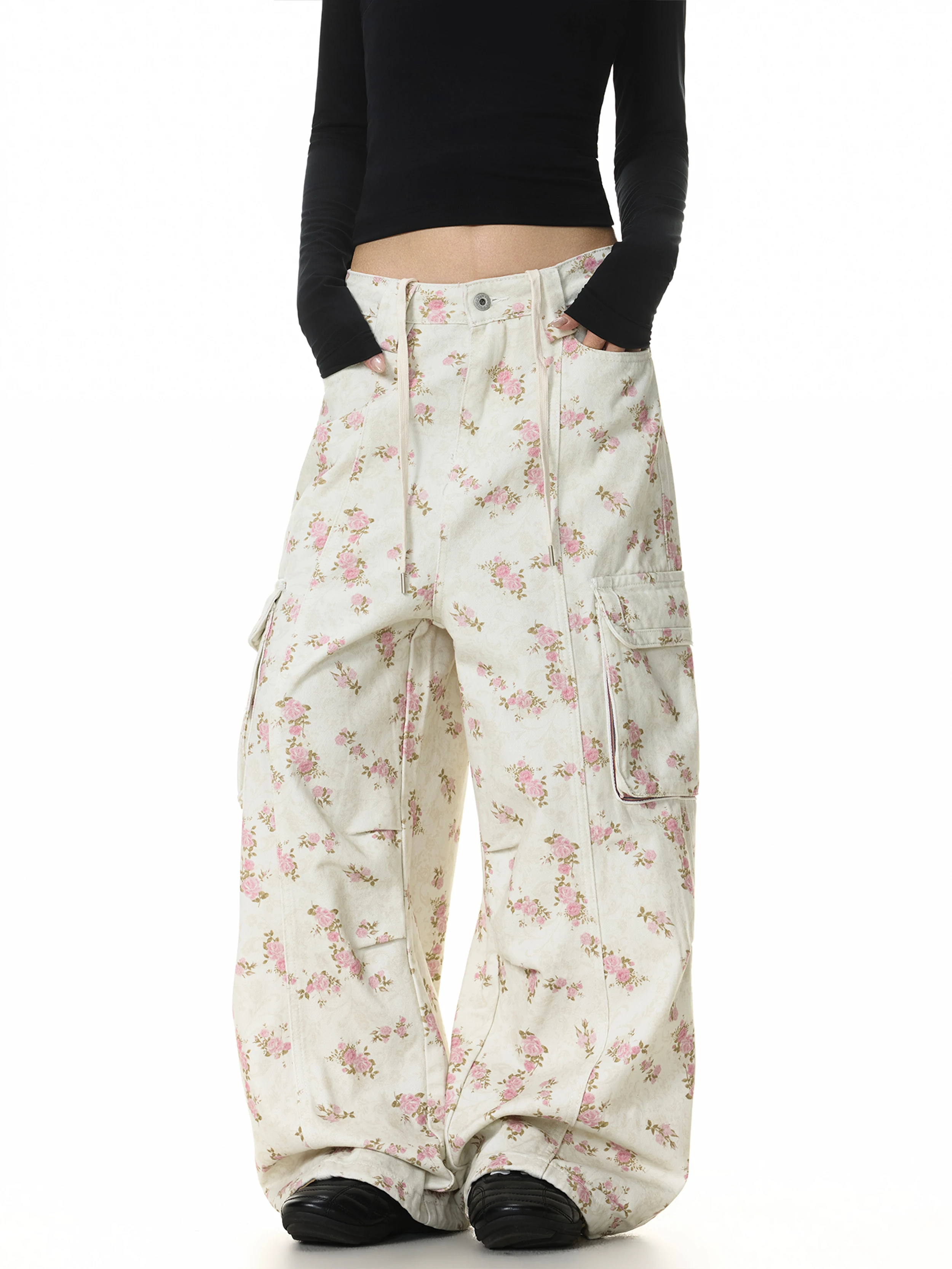 Retro American Floral Print Loose Casual Jeans Street Style Multi-Pocket Design Long Pants Women's Autumn Natural Waist Cotton