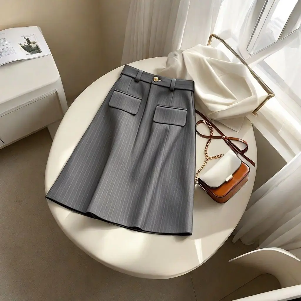 

Autumn Winter Office Lady Simplicity Striped High Waist A-line Skirt Ladies Fashionable Buttons Zipper Skirt Women Clothes Skirt