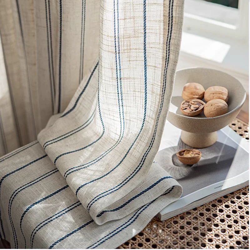 Cortina moderna de lino y algodón a rayas para sala de estar, cortina de lino para dormitorio, estudio, balcón, ventanal, pantalla de ventana de campo