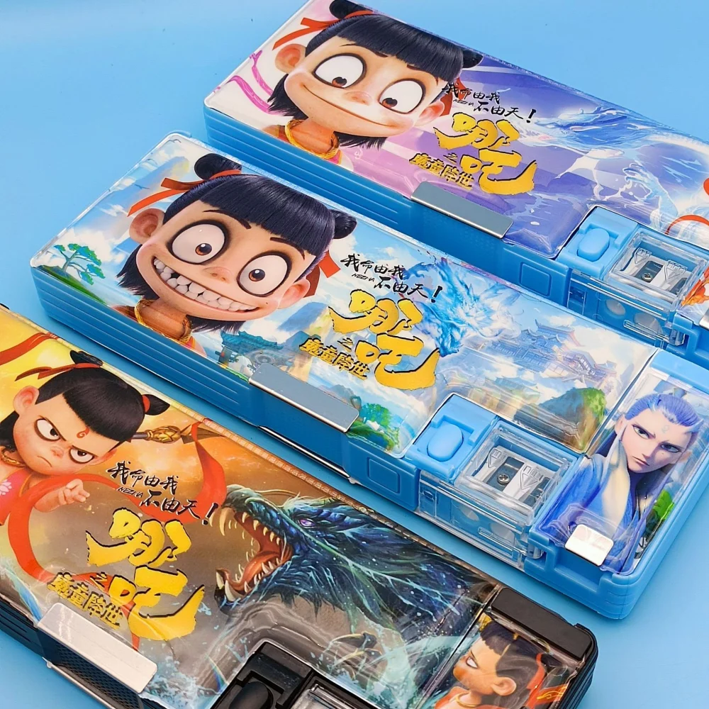 Nezha Stationery Box,Multi-functional Children's Pencil Case, Double-layer Large-capacity Cartoon Student Stationery Storage Box