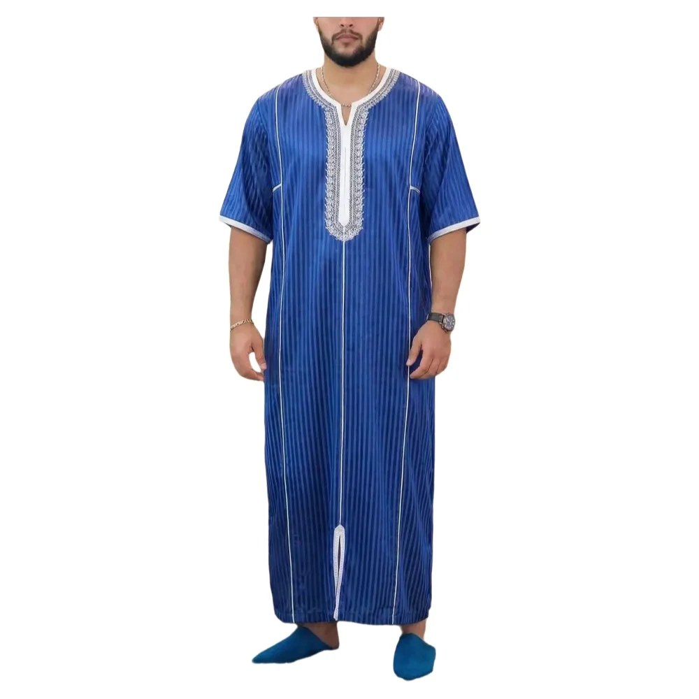 Marokkaanse Gandoura Thobe voor moslimmannen, losse korte mouwen, prachtige borduursels, comfortabel, traditionele islamitische mannenkleding voor feesten - afbeelding 2