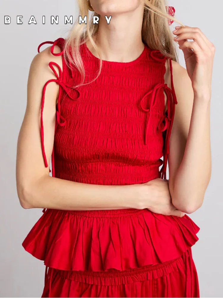 

Fashion Solid Pleated Layered Women Blouse New O Neck Puff Sleeve Lace Up Pull Over Ruffles Shirt 2025 Spring Female Commute Top