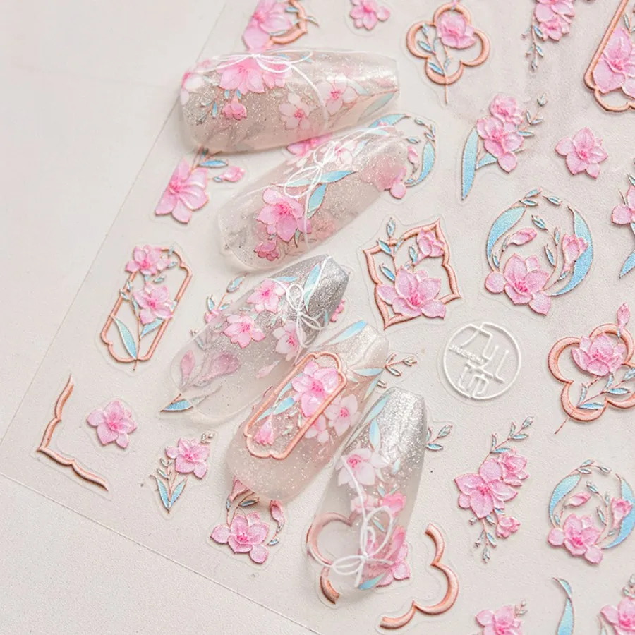1pcs 5D Kawaii Sweet Flower Nail Art Sticker Exquisite Embossed Pink Canglan Stickers Nail Decoration Slider Decals Accessories